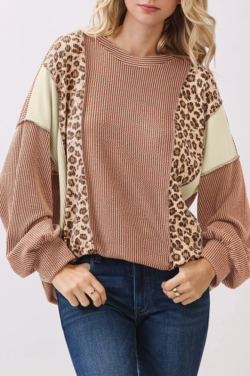 Load image into Gallery viewer, DLLS878 - Ladies DUNE Leopard Print Colorblock Ribbed Knit Blouse
