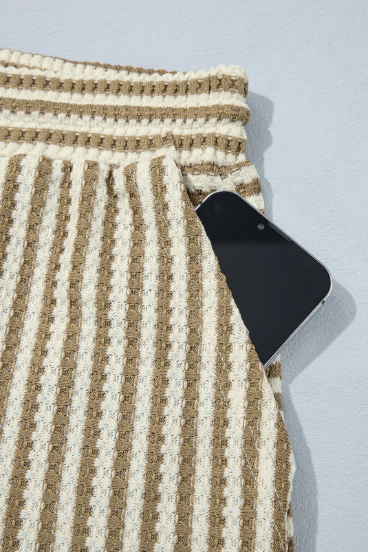 DLLS1147 - Ladies Brown Stripe Textured Knit Long Sleeve Top Elastic Waist Shorts Casual Outfit