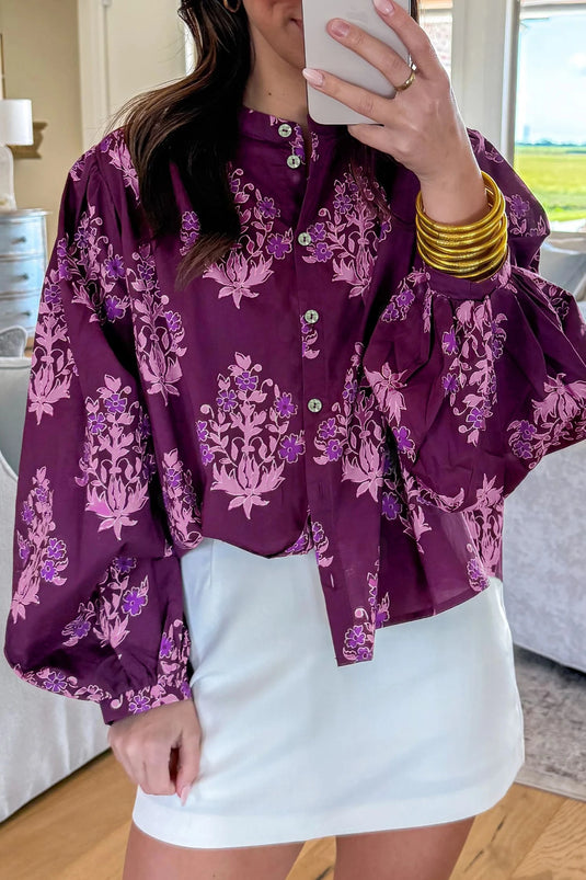 DLLS765 - Ladies Purple Floral Print Button Front Long Puff Sleeve Shirt