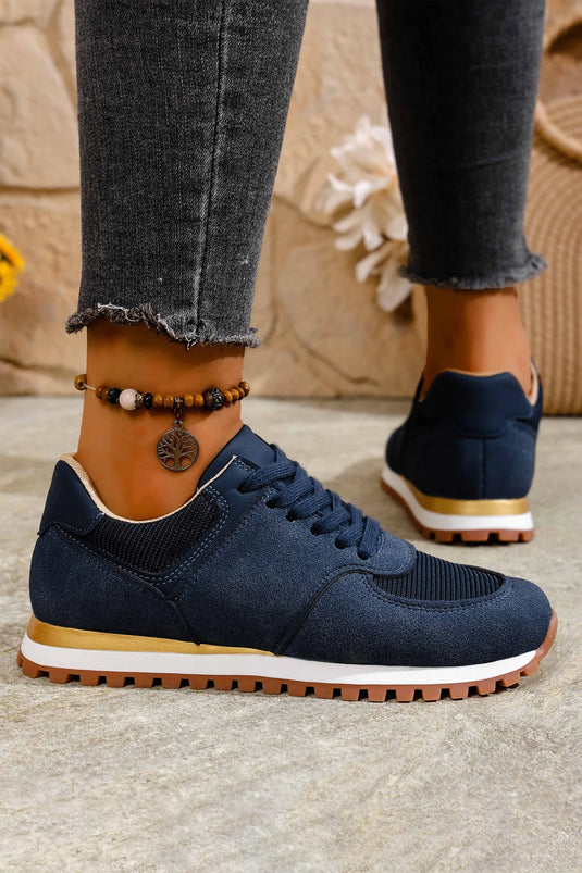 DLLSHOE 54 - Navy Blue Faux Suede Mixed Patchwork Retro Jogger Sneakers