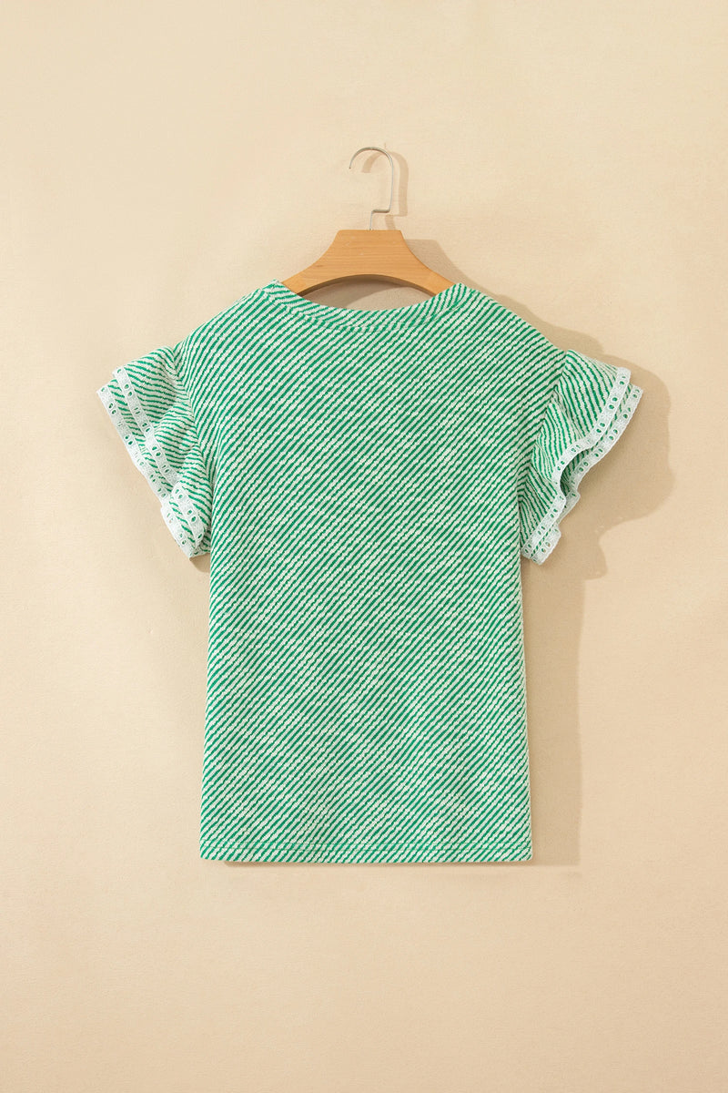 Load image into Gallery viewer, DLLS700 - Ladies Clearly Aqua Twilled Print Lace Trim Ruffled Short Sleeve Blouse
