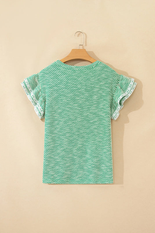 DLLS700 - Ladies Clearly Aqua Twilled Print Lace Trim Ruffled Short Sleeve Blouse