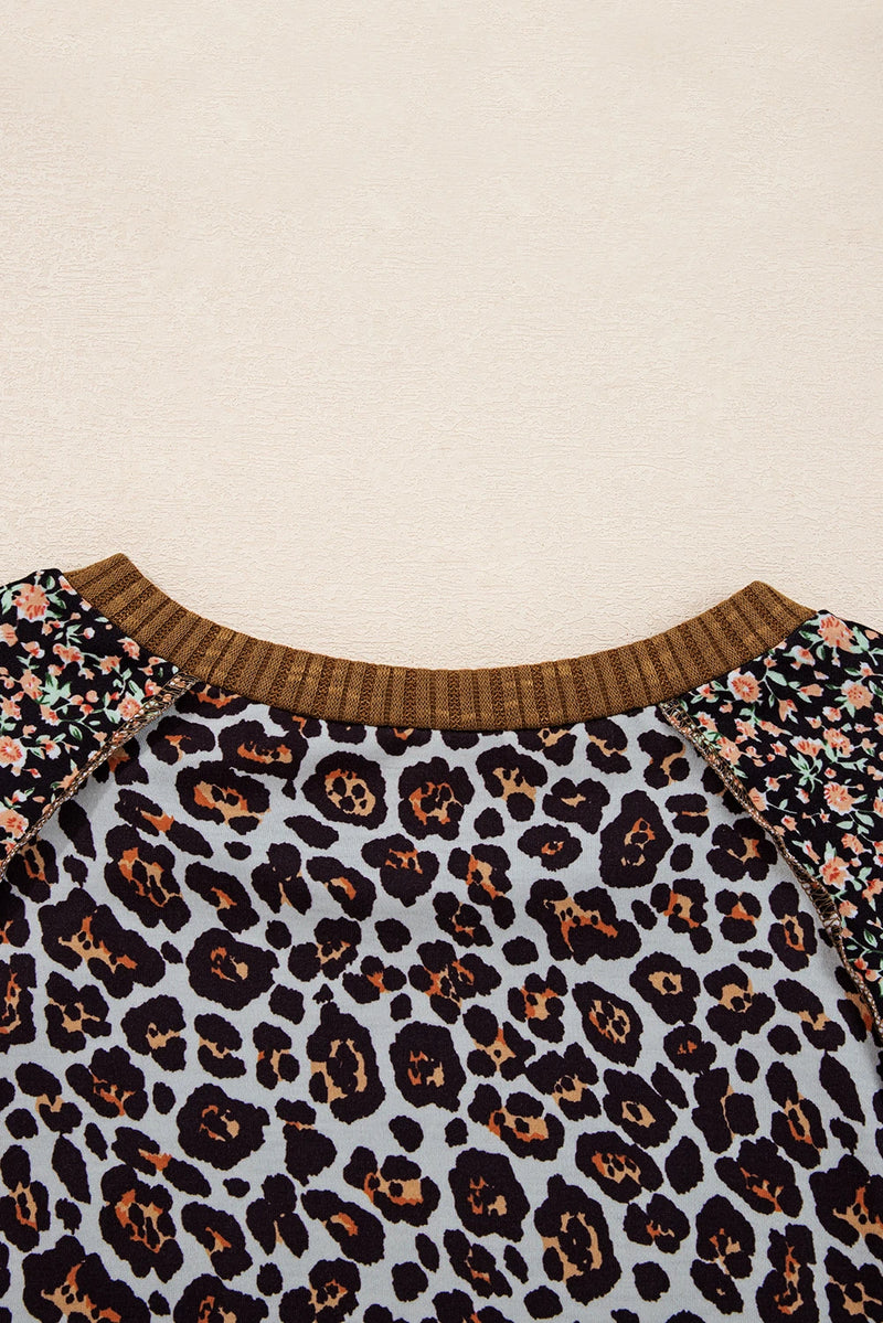 Load image into Gallery viewer, DLLS195 - Ladies Brown Leopard Floral Print Ribbed Puff Sleeve Patchwork Loose Pullover
