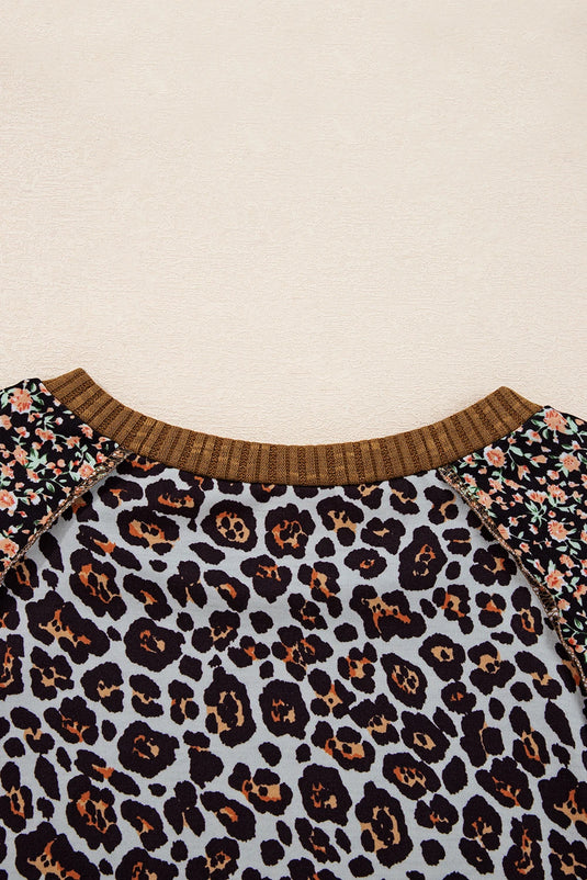 DLLS195 - Ladies Brown Leopard Floral Print Ribbed Puff Sleeve Patchwork Loose Pullover