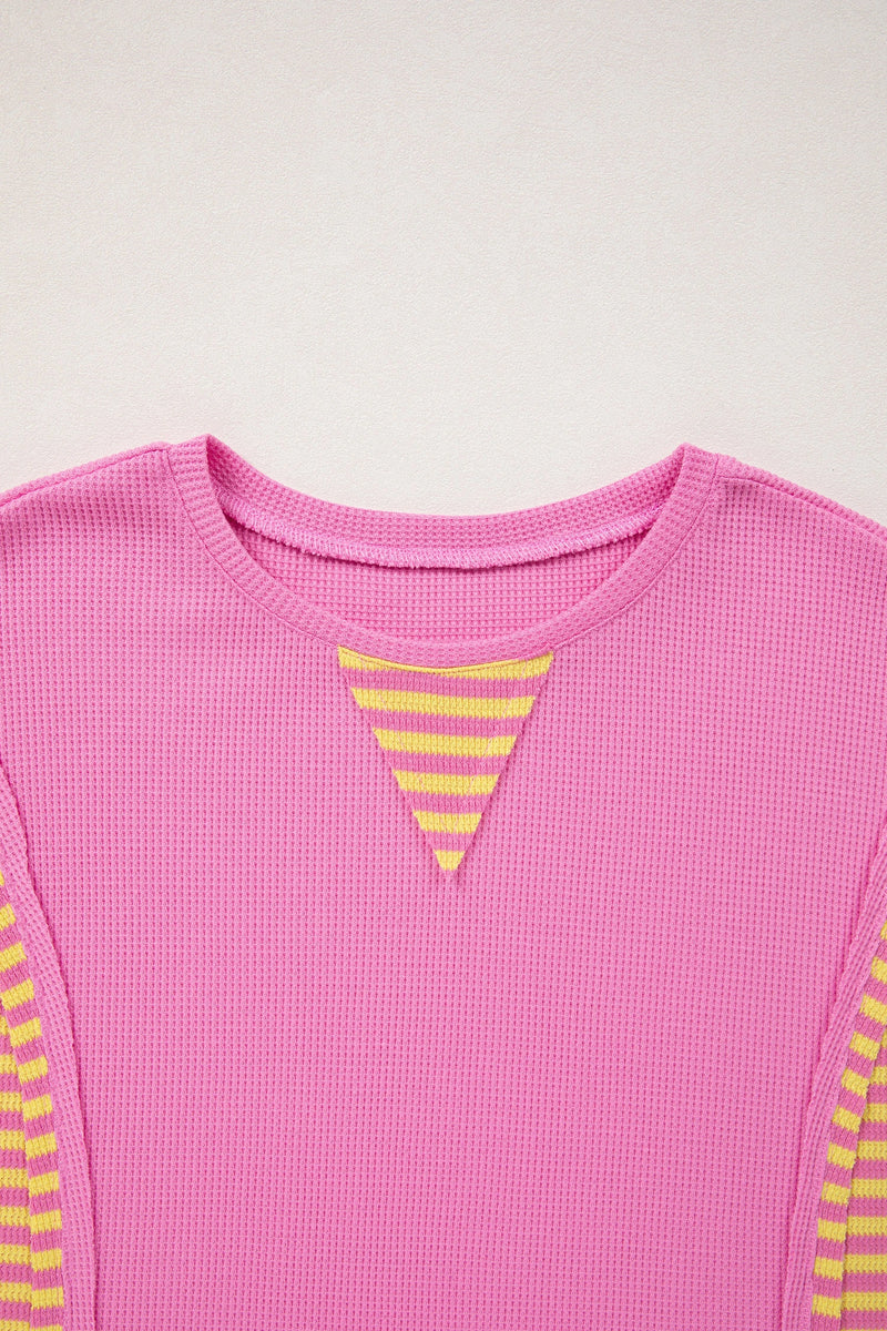 Load image into Gallery viewer, DLLS460 - Ladies Bright Pink Waffle Textured Contrast Striped Patchwork Loose T Shirt
