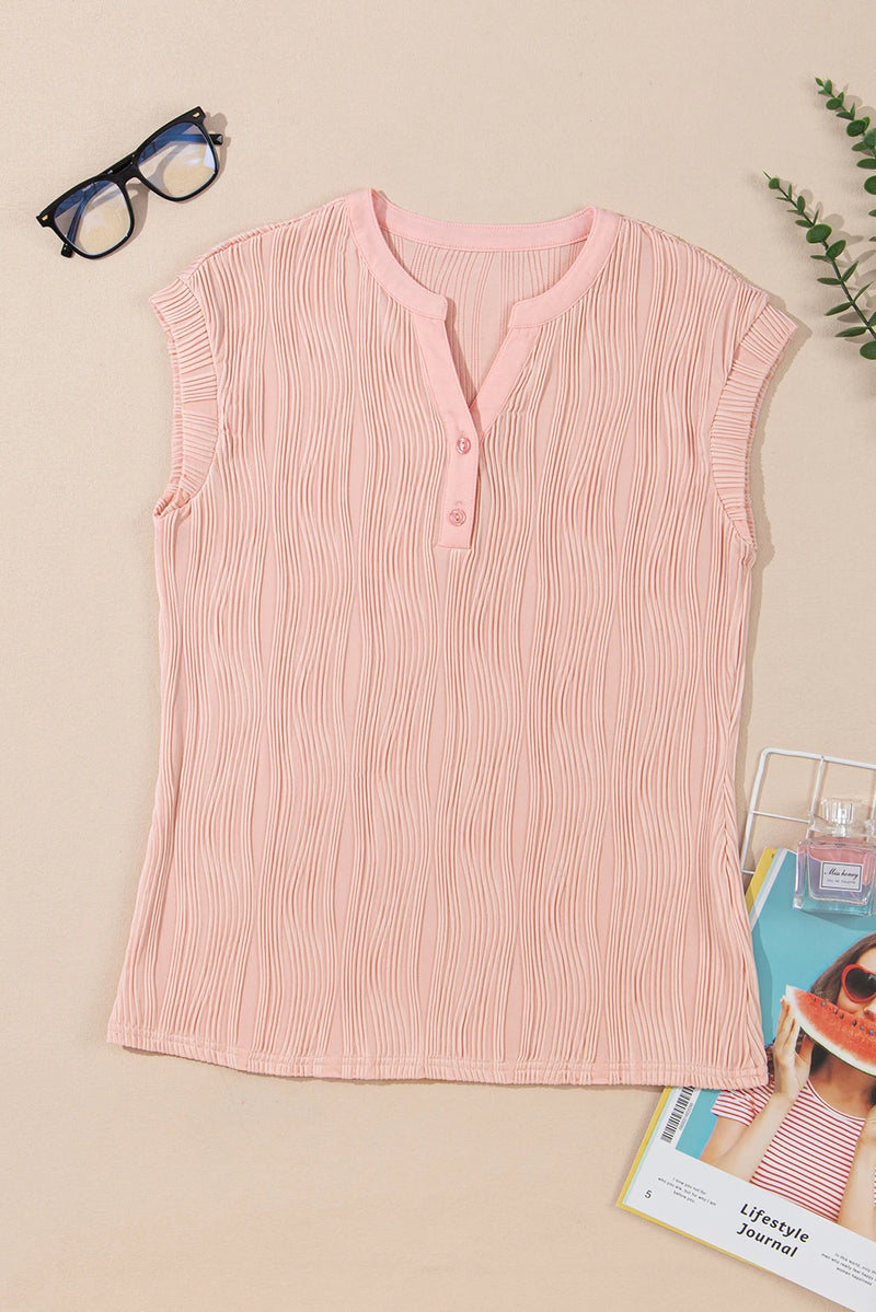 Load image into Gallery viewer, DLLS503 - Ladies Pink Wavy Textured Button V Neck Tee
