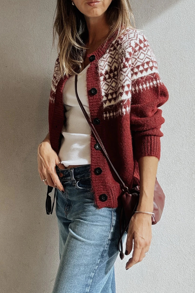 Load image into Gallery viewer, DLLS718 - Ladies Red Geometric Print Button Front Long Sleeve Knitwear Cardigan
