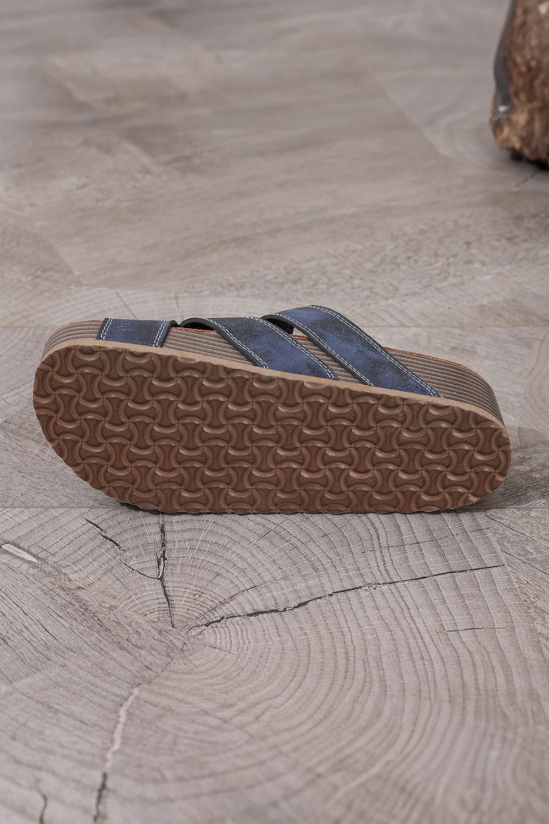 Load image into Gallery viewer, DLLSHOE 132 - Sail Blue Contrast Stitch Crossed Band Retro Platform Slippers
