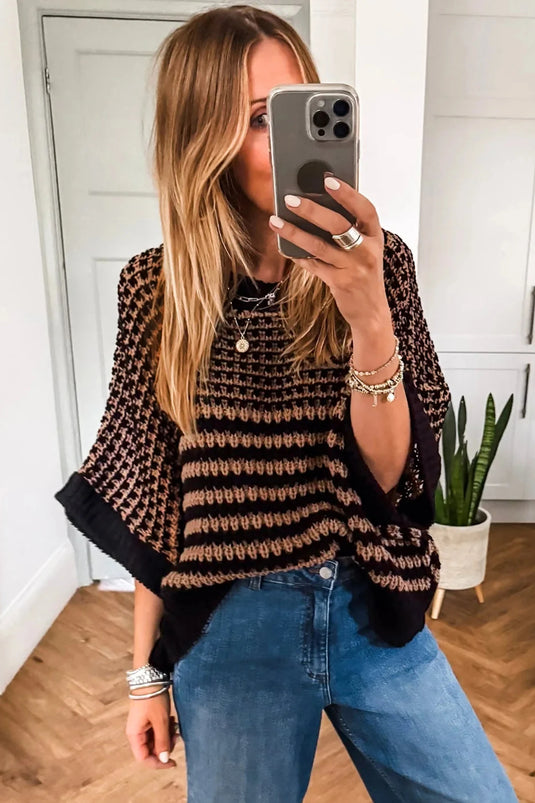 DLLS308 - Ladies Black Stripe 3/4 Draped Sleeve Slouchy Sweater