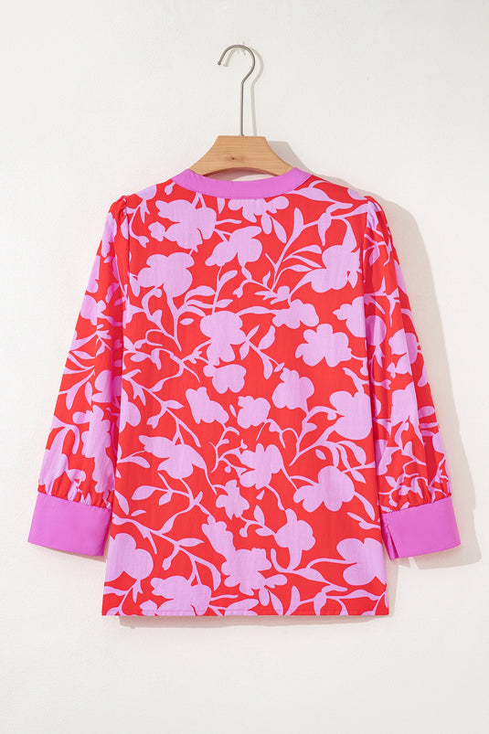 DLLS330 - Ladies Red Floral Print Split V Neck Cuffed Bracelet Sleeve Blouse