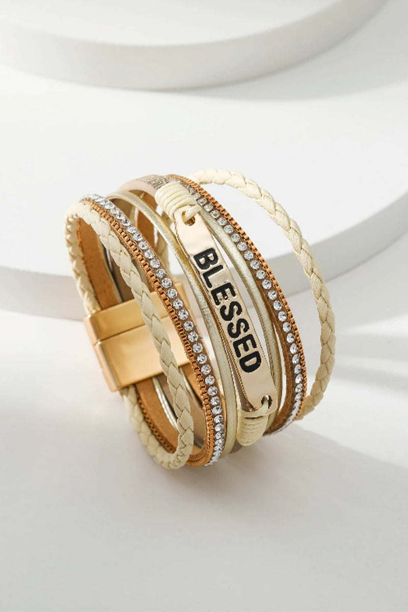 Load image into Gallery viewer, DLLBC 1 - Beige BLESSED Rhinestone Braided Detail Buckle Bracelet

