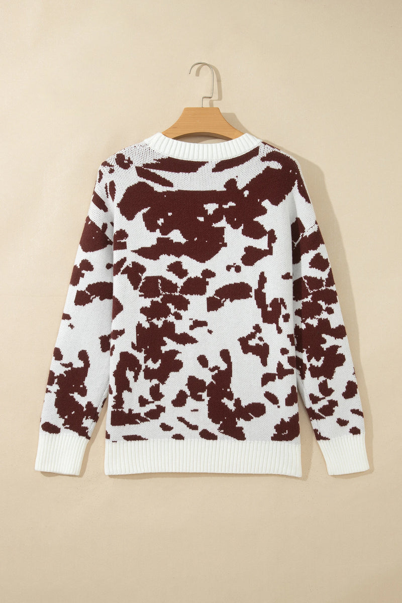 Load image into Gallery viewer, DLLS1024 - Ladies Brown Cow Pattern Long Sleeve Round Neck Pullover Knitwear Sweater
