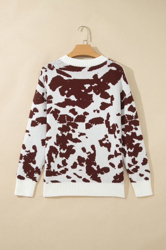 DLLS1024 - Ladies Brown Cow Pattern Long Sleeve Round Neck Pullover Knitwear Sweater