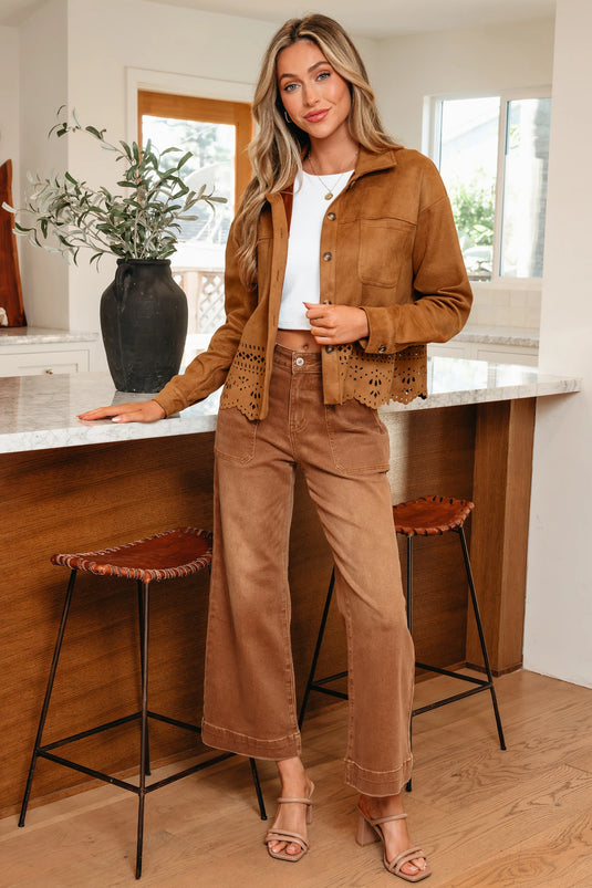 DLLS754 - Ladies Thai Curry Solid Color Faux Suede Hollowed Detail Retro Style Jacket