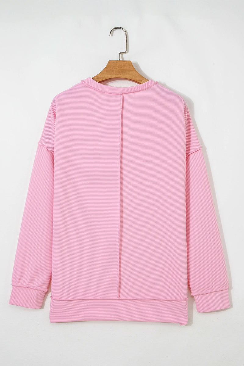 Load image into Gallery viewer, DLLS926 - Ladies Pink Horizontal Ribbed Exposed Seam Detail Drop Shoulder Baggy Pullover
