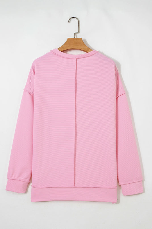 DLLS926 - Ladies Pink Horizontal Ribbed Exposed Seam Detail Drop Shoulder Baggy Pullover