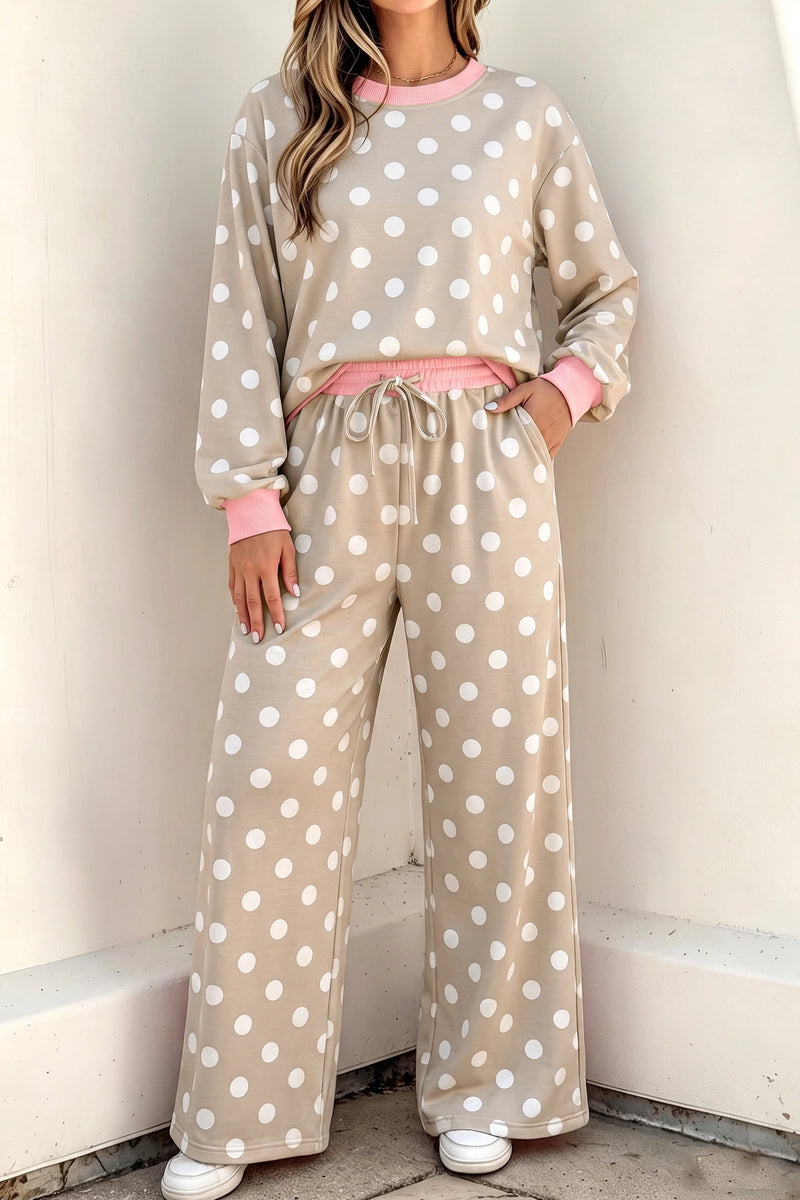 Load image into Gallery viewer, DLLS1137 - Ladies Khaki Polka Dot Long Sleeve Top Drawstring Shift Pants Set
