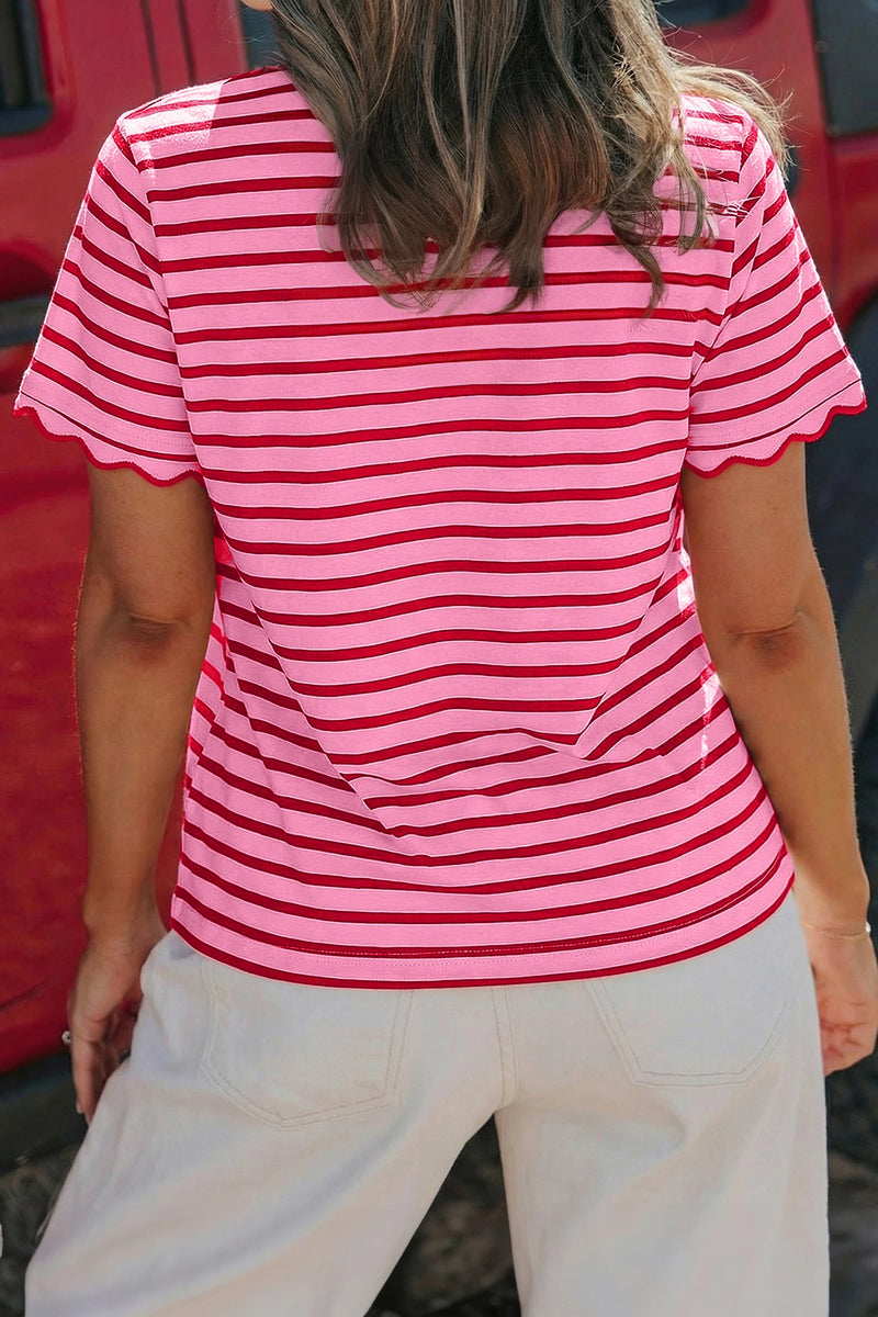Load image into Gallery viewer, DLLS576 - Ladies Pink Stripe Scalloped Trim Round Neck T Shirt
