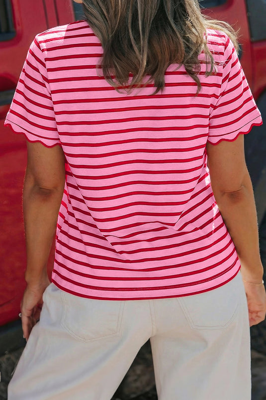 DLLS576 - Ladies Pink Stripe Scalloped Trim Round Neck T Shirt