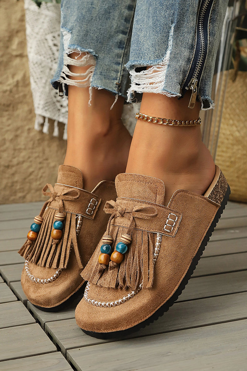 Load image into Gallery viewer, DLLSHOE 175 - Chestnut Boho Fringed Faux Suede Slip-on Loafers Square Toe Slippers
