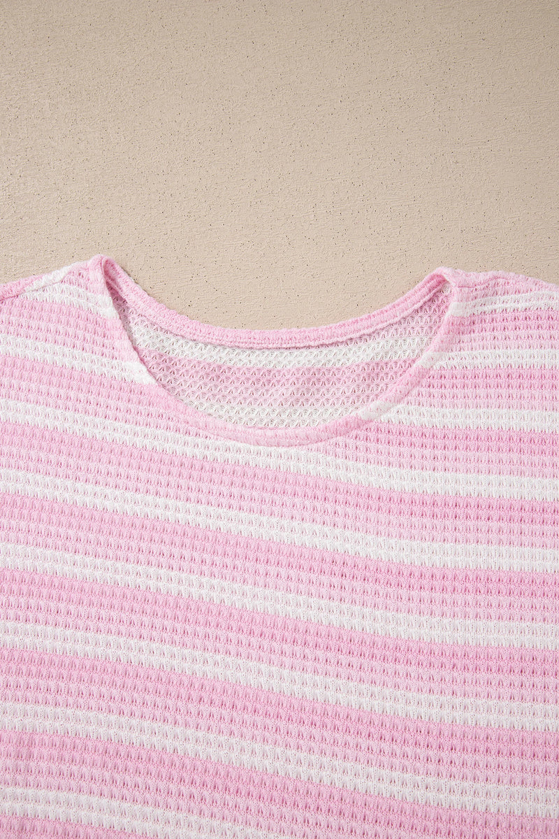 Load image into Gallery viewer, DLLS616 - Ladies Pink Striped Print Waffle Knit T Shirt

