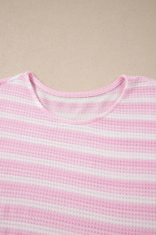 DLLS616 - Ladies Pink Striped Print Waffle Knit T Shirt
