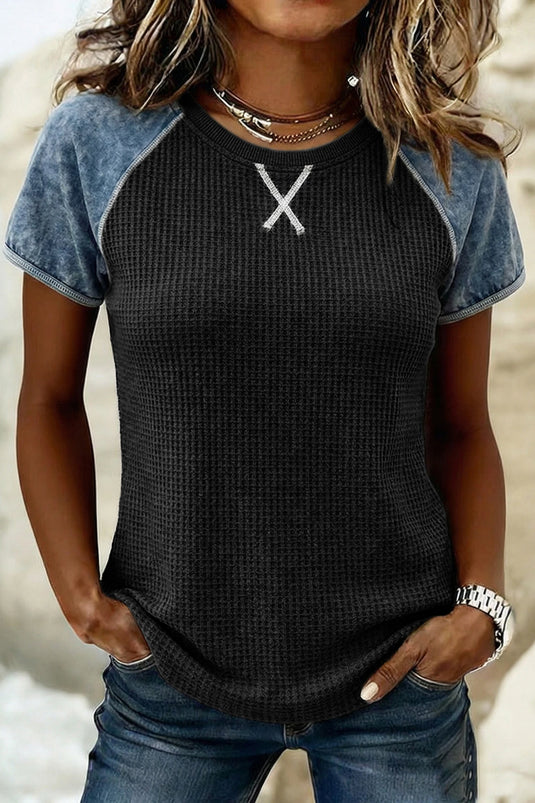 DLLS584 - Ladies Carbon Grey Waffle Knit Detail Color Block Patchwork Short Sleeve Top