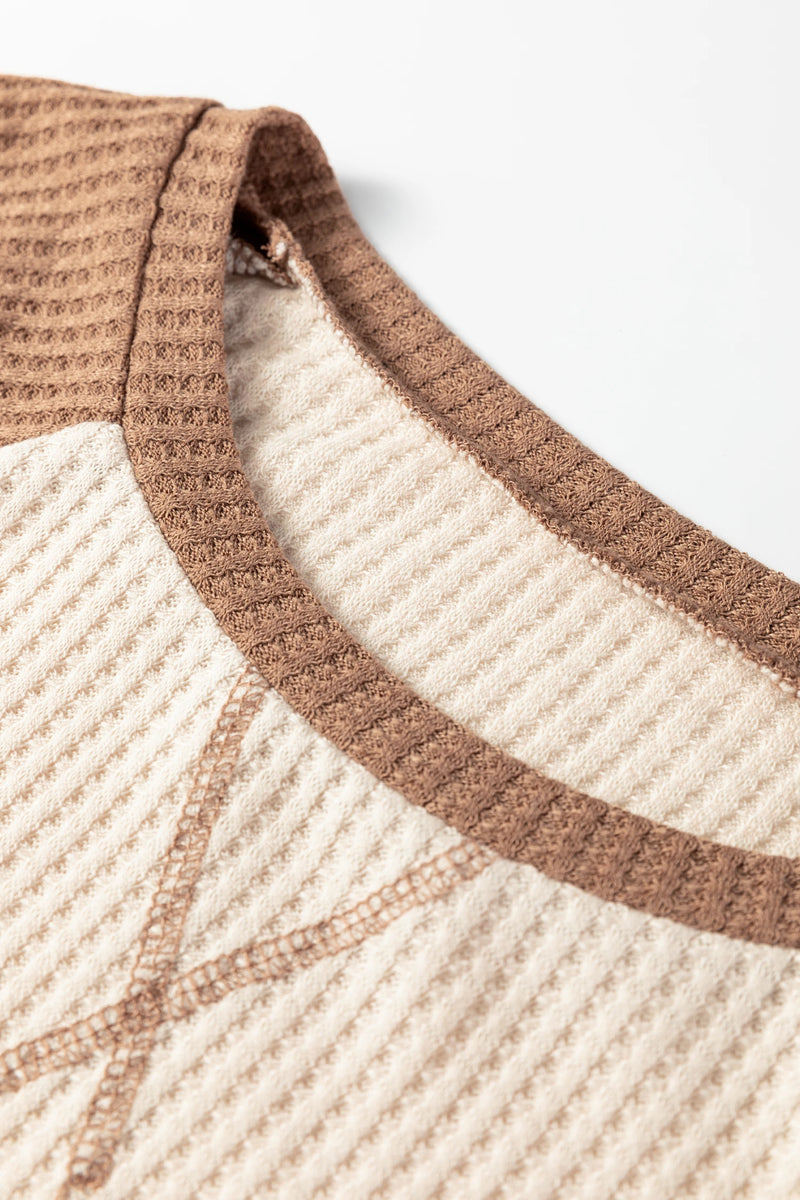 Load image into Gallery viewer, DLLS246 - Ladies Camel Waffle Color Block Raglan Sleeve Top
