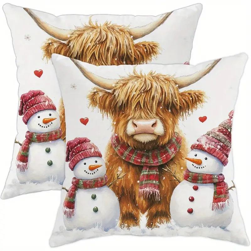 Load image into Gallery viewer, TMPL52 - Set of 2 - 18&quot; x 18&quot; Winter Highland Cow Throw Pillows

