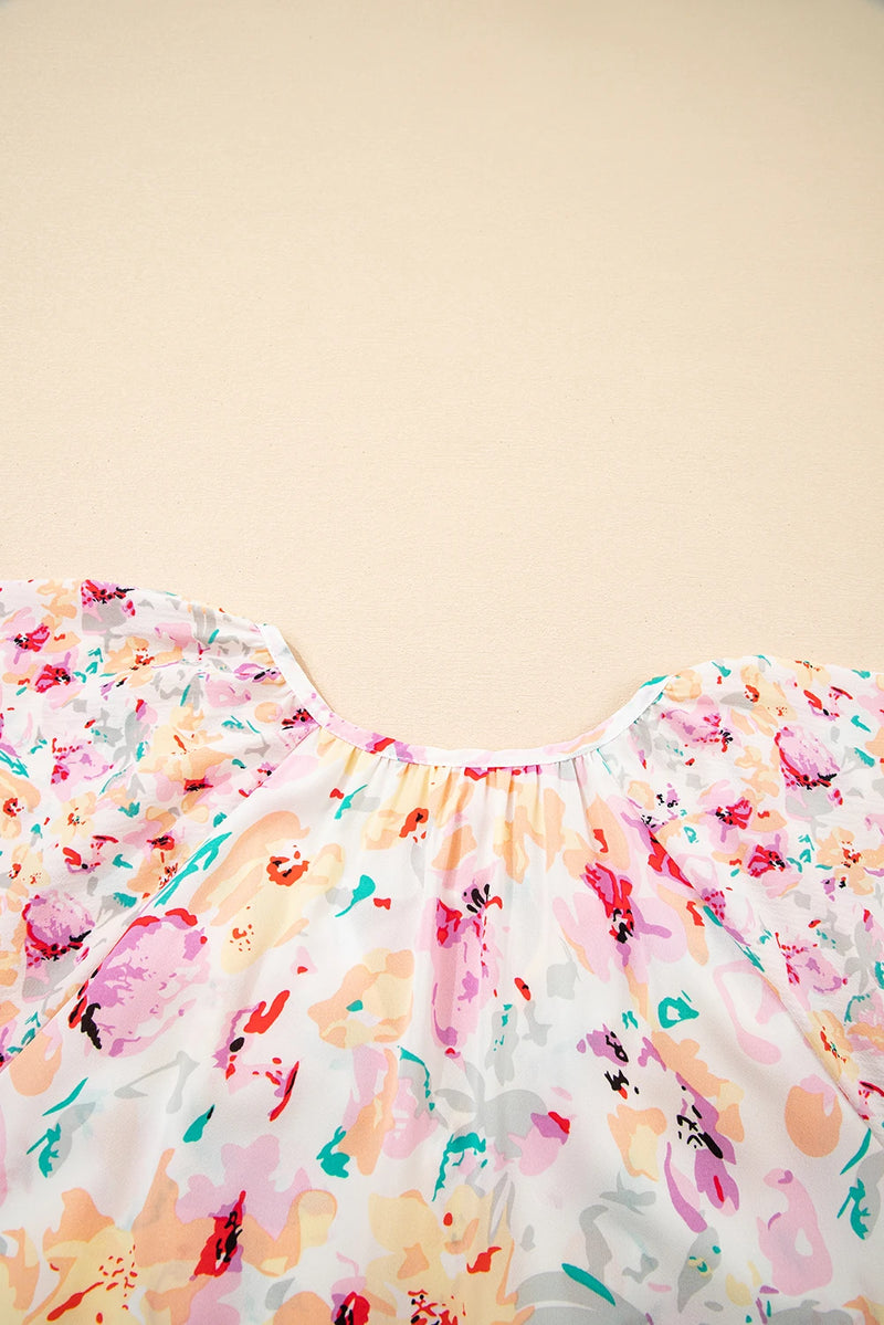 Load image into Gallery viewer, DLLS536 - Ladies Pink V-Neck Short Sleeve Fashion Print Fantasy Fluttering Blouse
