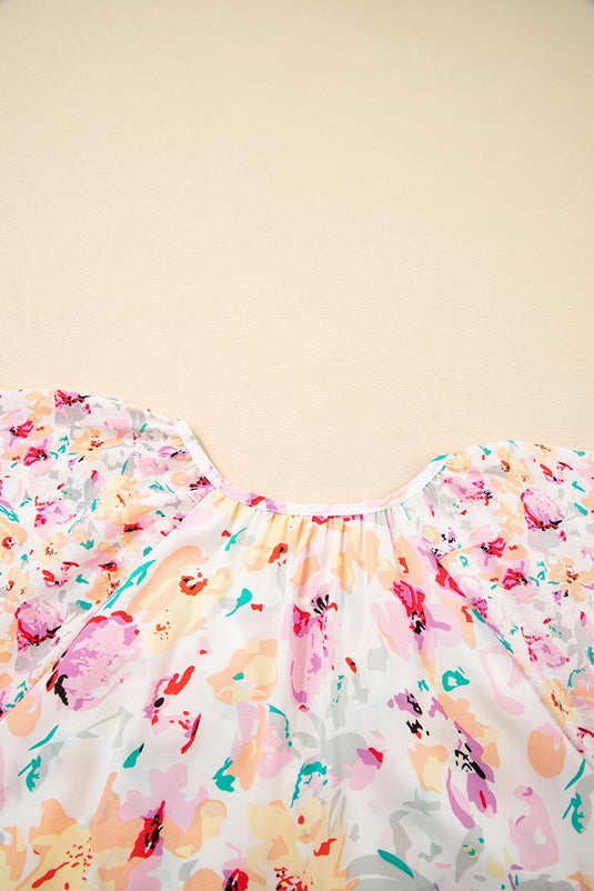 DLLS536 - Ladies Pink V-Neck Short Sleeve Fashion Print Fantasy Fluttering Blouse