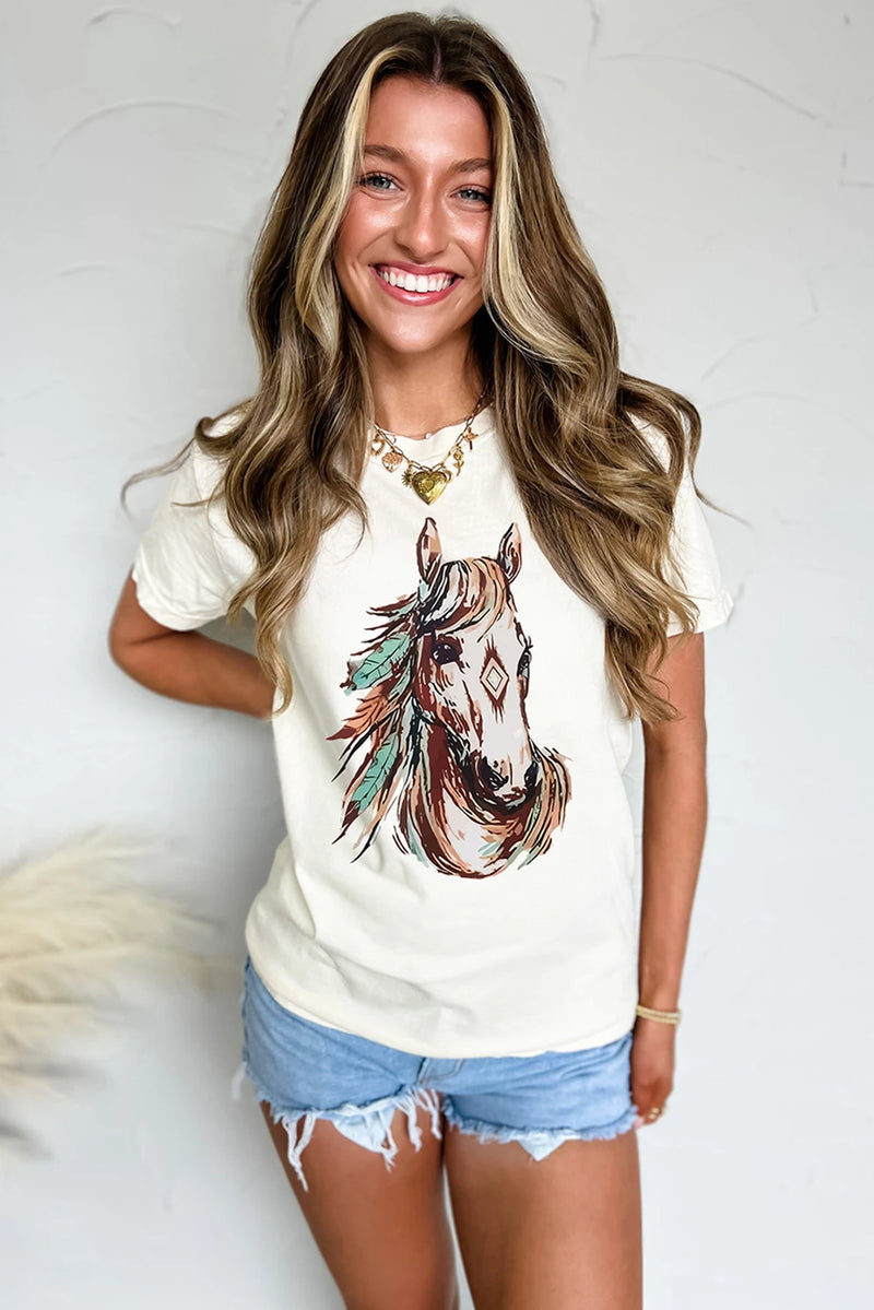 Load image into Gallery viewer, DLLS748 - Ladies White Western Aztec Horse Graphic Crewneck Tee
