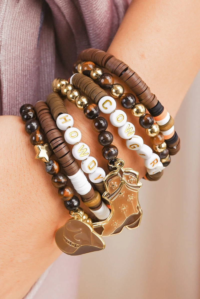 Load image into Gallery viewer, DLLBC 19 - Coffee HOWDY COWGIRL Western Beaded 7pcs Stretch Bracelet Set
