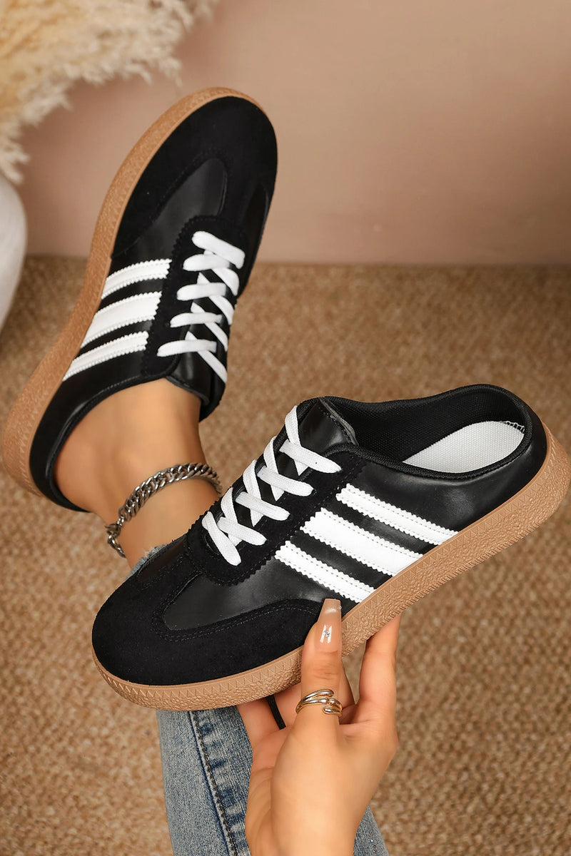 Load image into Gallery viewer, DLLSHOE 149 - Color Black PU Leather Color Block Varsity Lace Up Flat Shoes
