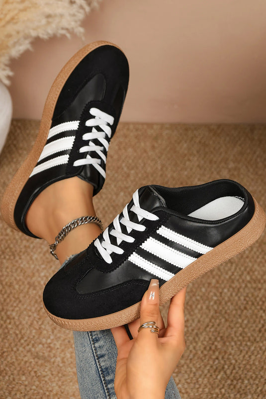 DLLSHOE 149 - Color Black PU Leather Color Block Varsity Lace Up Flat Shoes