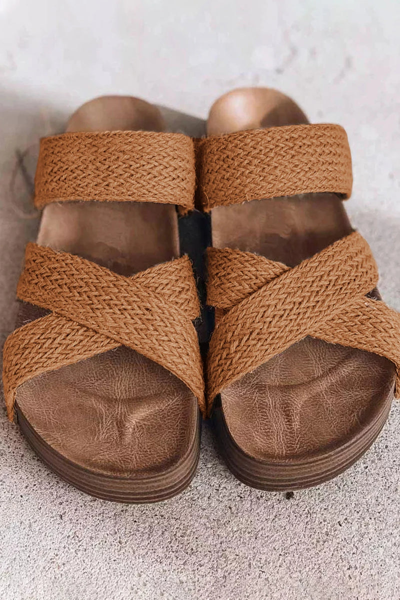 Load image into Gallery viewer, DLLSHOE 126 - Brown Woven Cross Criss Hollowed Slip-On Slippers
