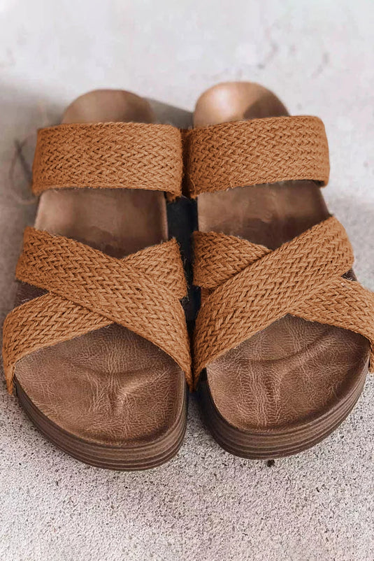 DLLSHOE 126 - Brown Woven Cross Criss Hollowed Slip-On Slippers