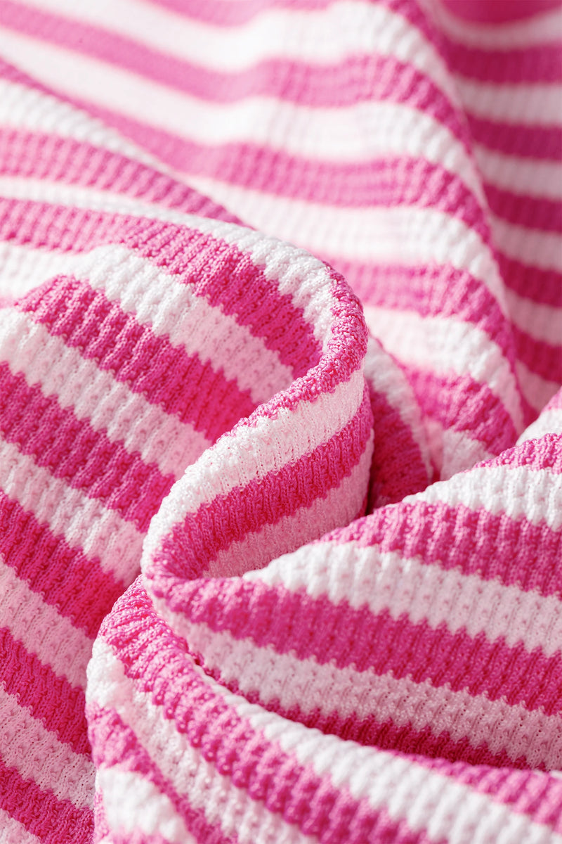 Load image into Gallery viewer, DLLS1134 - Ladies Pink Stripe Textured Knit Color Block Trim Split Hem Long Sleeve Top
