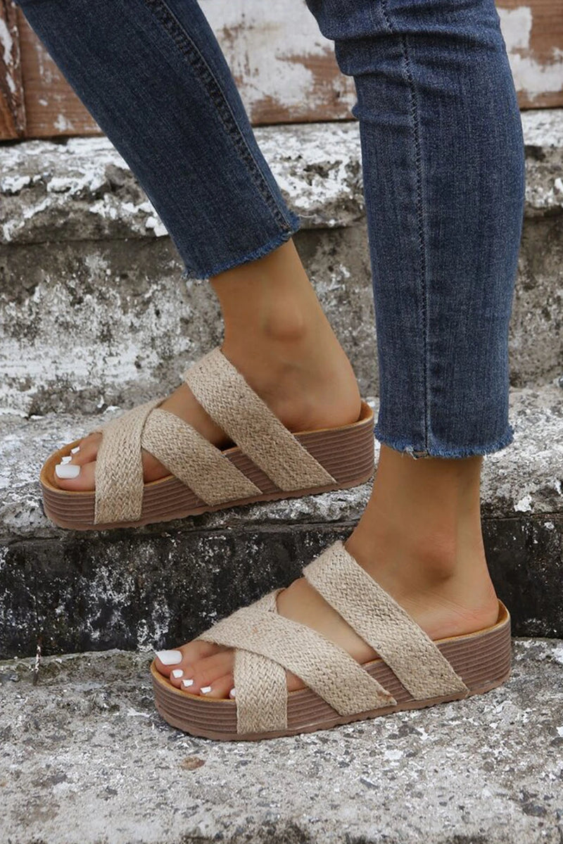 Load image into Gallery viewer, DLLSHOE 97 - Beige Woven Cross Criss Hollowed Slip-On Slippers
