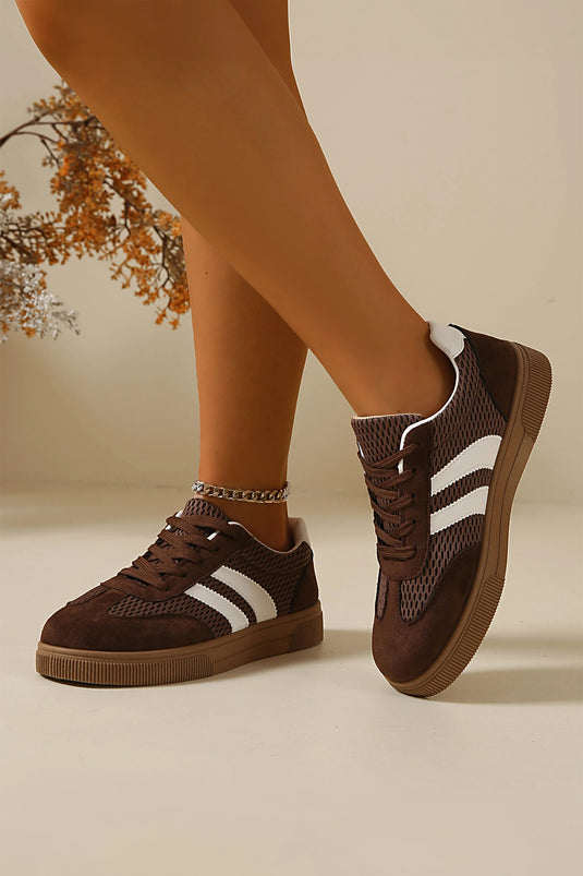 DLLSHOE 89 - Brown Breathable Mesh Patchwork Lace Up Flat Shoes