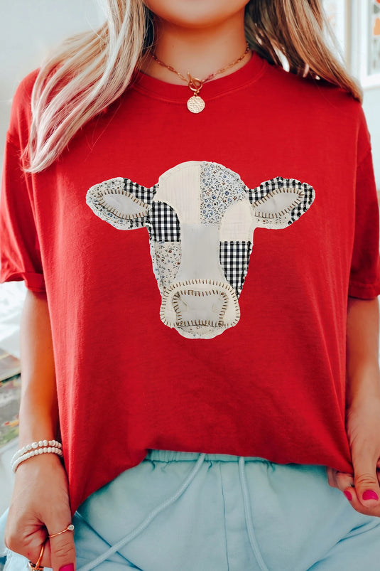 DLLS1016 - Ladies Red Western Patchwork Cow Print Round Neck Casual T Shirt