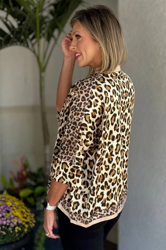DLLS379- Ladies Khaki Mixed Leopard Patchwork 3/4 Sleeve Loose Shirt