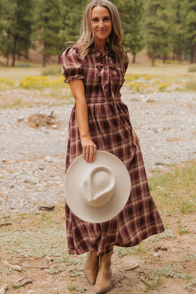 Load image into Gallery viewer, DLLS666 - Ladies Red Vintage Plaid Midi Dress with Puff Sleeves and Tie Neckline for Daily Wear
