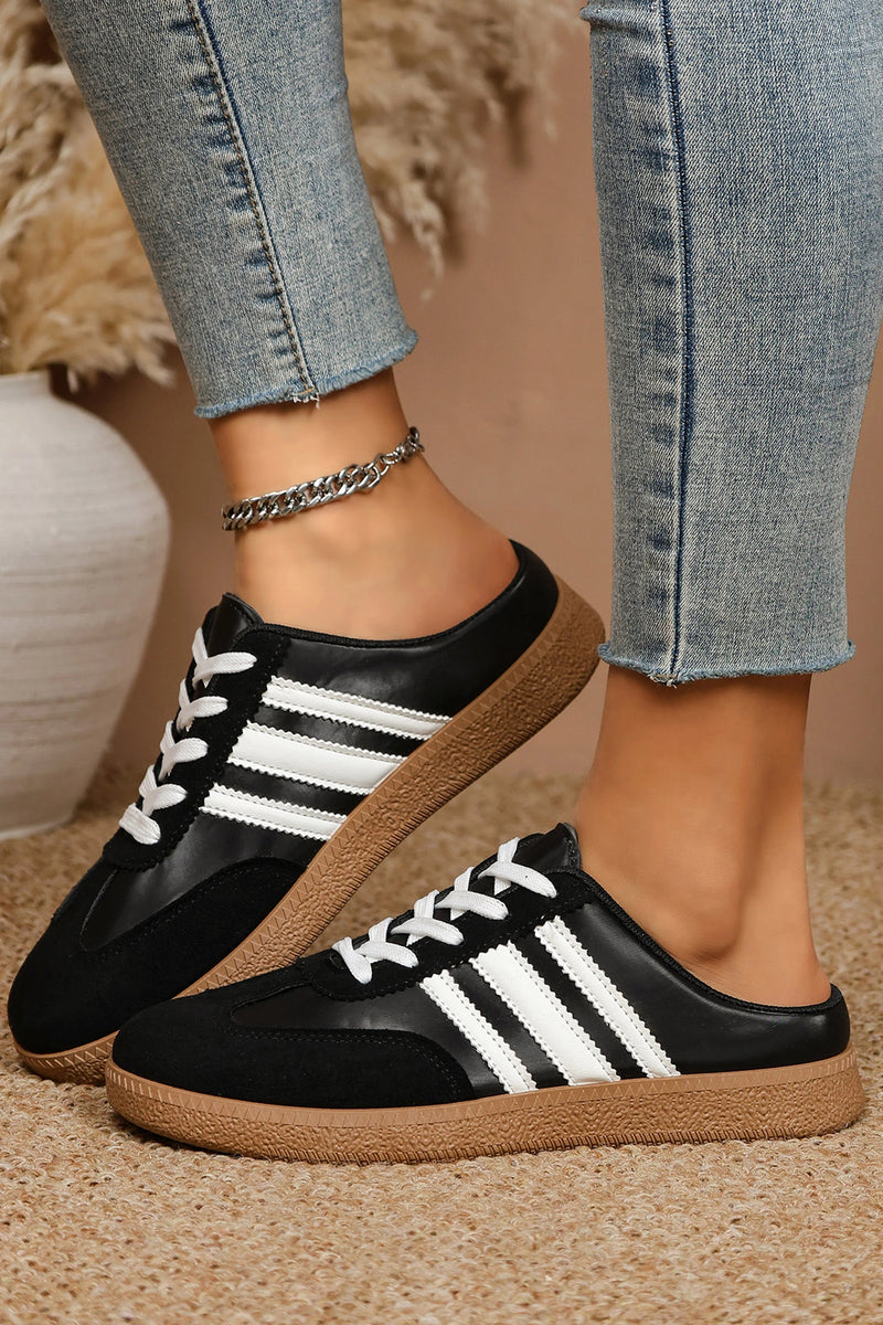Load image into Gallery viewer, DLLSHOE 149 - Color Black PU Leather Color Block Varsity Lace Up Flat Shoes
