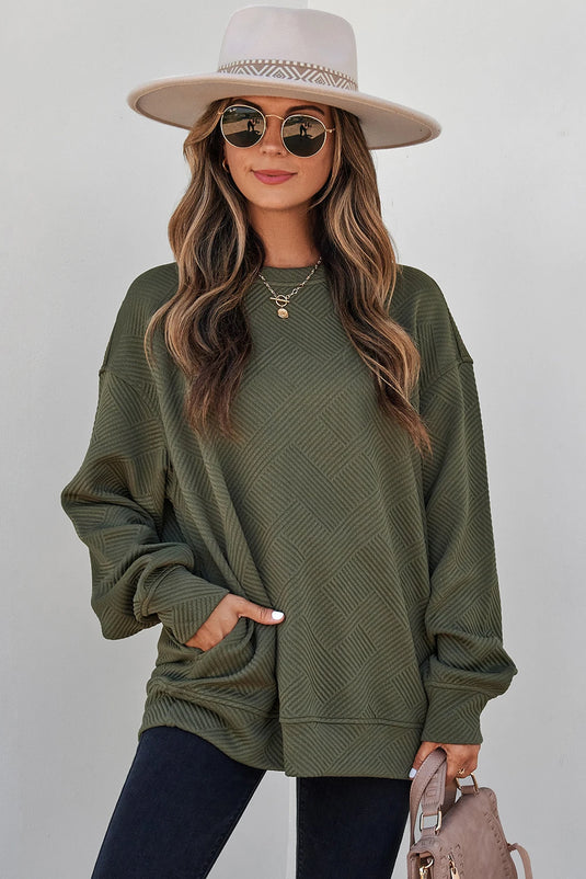 DLLS1133 - Ladies Green Textured Round Neck Drop Shoulder Pullover Sweatshirt