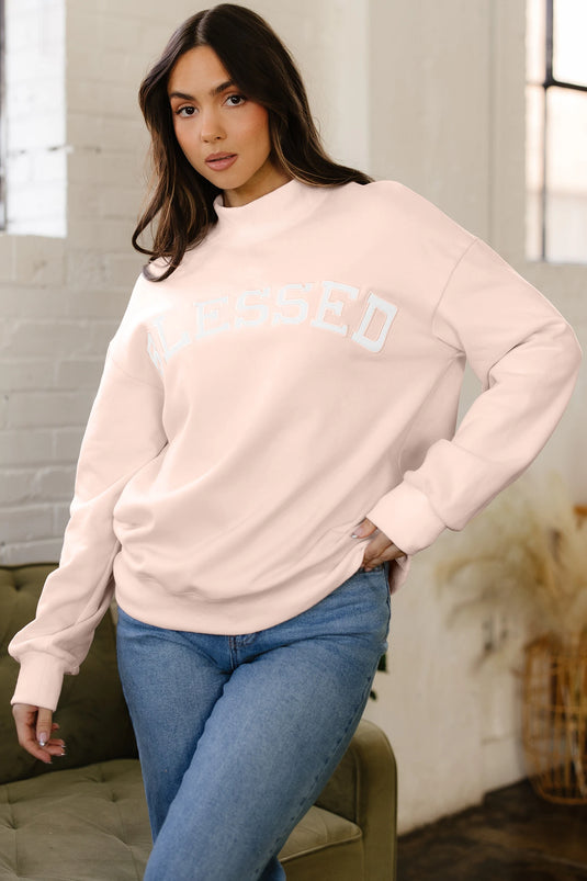 DLLS361 - Ladies Light Pink Oversize Blessed Embroidered Mock Neck Sweatshirt