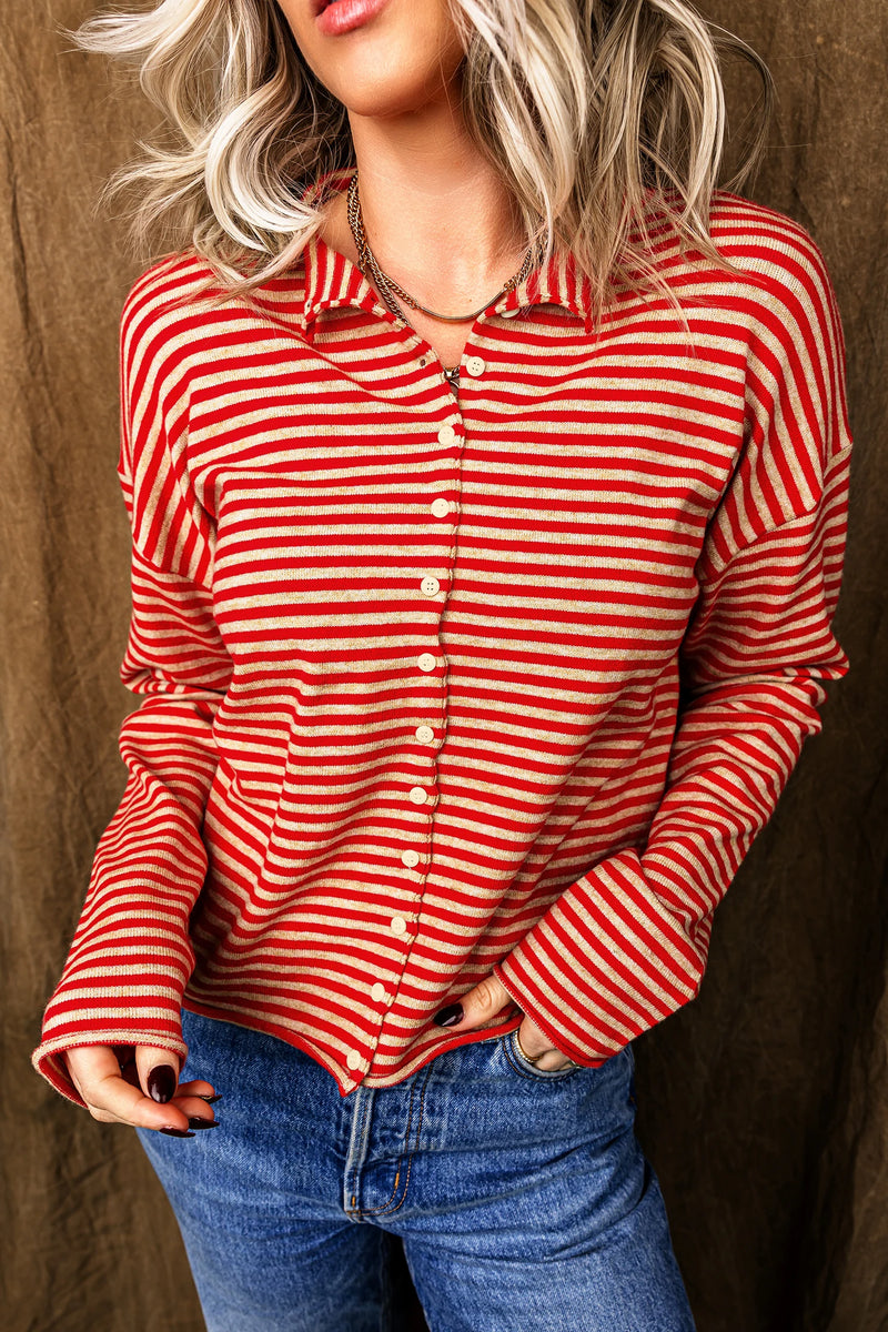 Load image into Gallery viewer, DLLS830 - Ladies Red Stripe Striped Button Collar Long Sleeve Knit Cardigan

