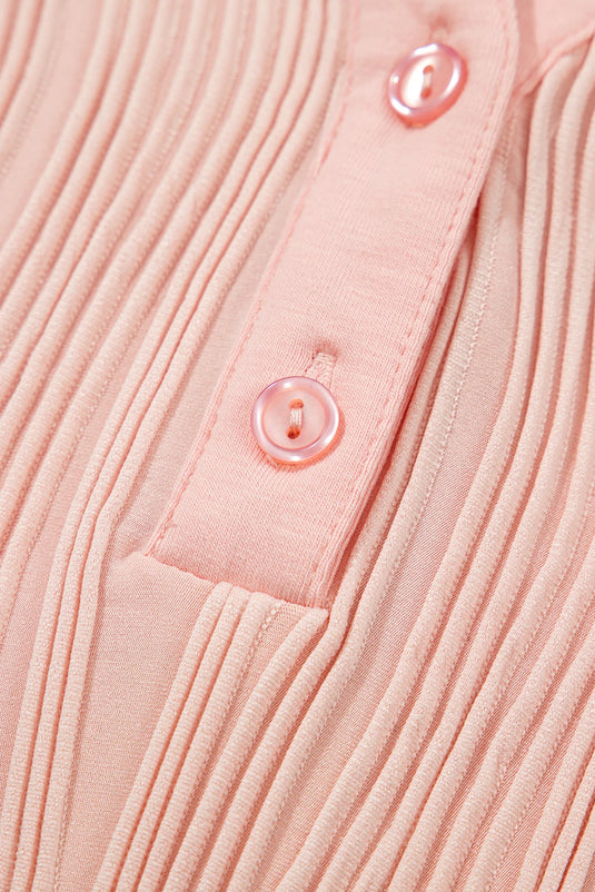 DLLS503 - Ladies Pink Wavy Textured Button V Neck Tee