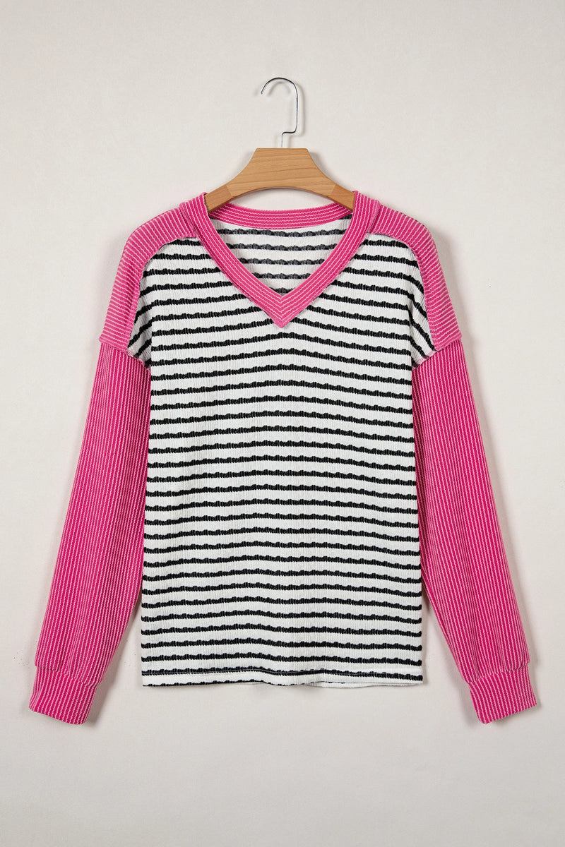 Load image into Gallery viewer, DLLS424 - Ladies Black Stripe Textured Knit Twisted Rib Contrast Patchwork V Neck Long Sleeve Top
