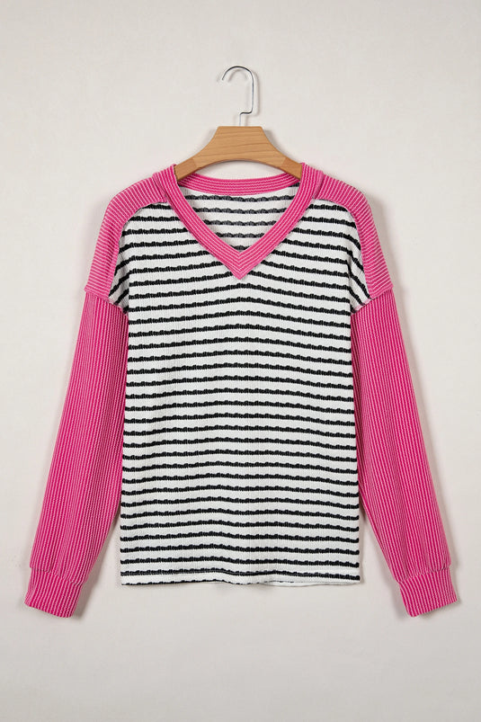 DLLS424 - Ladies Black Stripe Textured Knit Twisted Rib Contrast Patchwork V Neck Long Sleeve Top